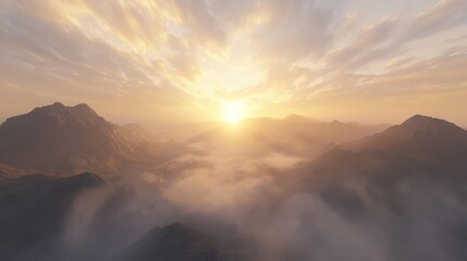 Majestic Mountain Sunrise: The dawn unveils a breathtaking vista, as the sun majestically ascends over rugged mountain peaks and soft, billowing clouds, casting a golden light upon the landscape.