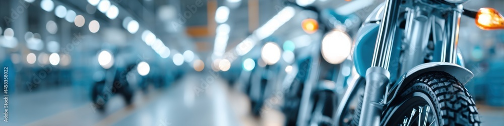 Poster dynamic assembly of motorcycles in a bustling factory environment with space for customization