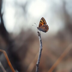 Obraz premium Orange butterfly with beautiful patterns resting on tree branch against soft blurred nature background