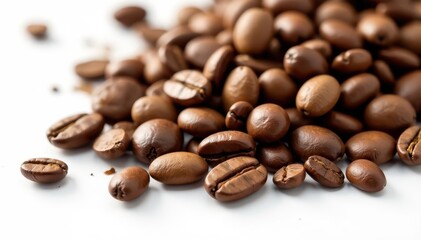 Naklejka premium Close-up of roasted coffee beans against white backdrop, white background, picture