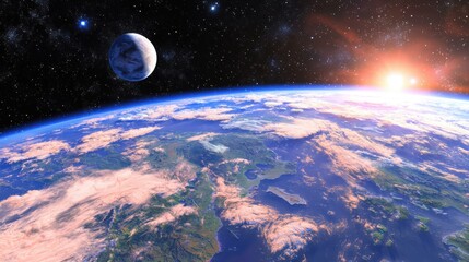 A stunning view of Earth from space shows a sunrise over the planet with a moon in the distance and stars twinkling in the dark sky.