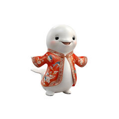Adorable 3D Render of a White Dolphin Wearing Traditional Chinese Clothing