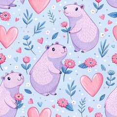 This pink seamless pattern design features cartoon mice and hearts, perfect for baby or valentine themed cards with cute decorative animal illustrations.