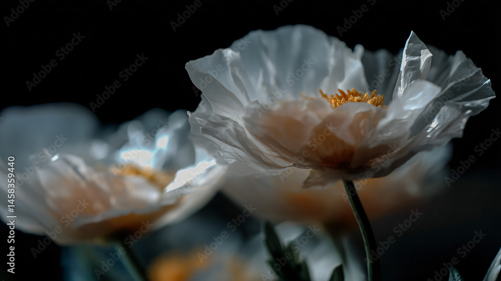 Poster ghostly ashen flowers with translucent petals and a peach color in center set against a black backdr