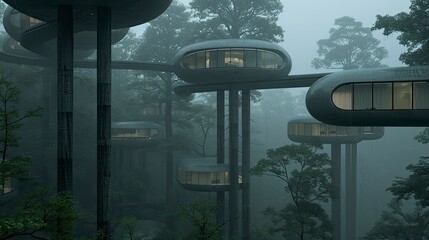 Futuristic, floating homes in a misty rainforest