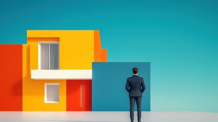 Businessman Contemplating a Colorful Dream Home: A Vision of Success and Modern Living