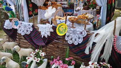 UNGHENI, MOLDOVA - MAY 04, 2025 Exposition of handmade bakery and different crafts. Traditional Moldovan festive setup with embroidered textiles and religious icons, creating a rich cultural aesthetic