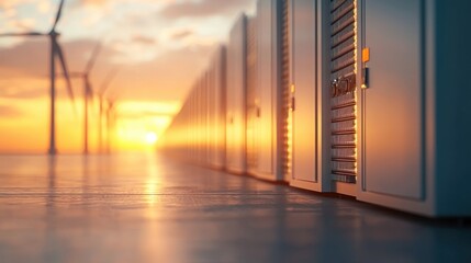 Data servers and wind turbines at sunrise highlight sustainable technology and renewable energy integration.