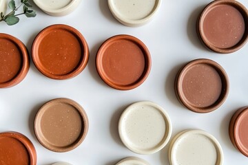 Fototapeta premium Terracotta Cream White Speckled Round Objects Flat Lay