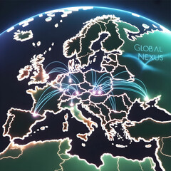 Network lines indicating global or regional connectivity.