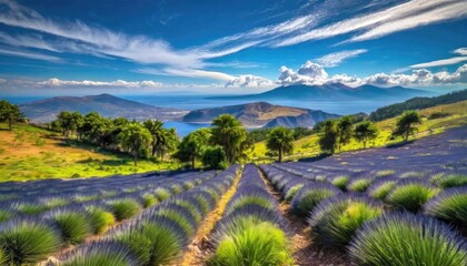 A vibrant lavender field stretching toward a scenic coastal view with lush greenery and distant mountains.