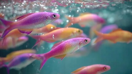 Fototapeta premium Vibrant school of fish in an aquarium, showcasing a variety of pink and orange hues. Bubbles rising from the water's surface create a lively underwater scene