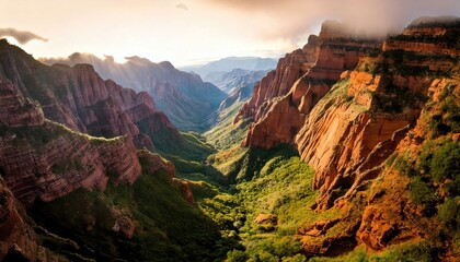 Fototapeta premium A deep canyon with red rock formations bathed in warm sunlight.
