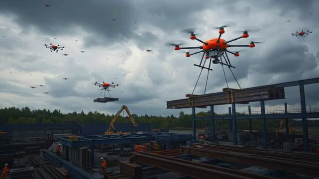 Drones transporting materials at a construction site under a dramatic sky with workers in the background
