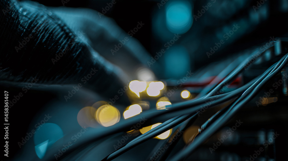 Poster gloved hand connecting cables to a modern information technology system, ideal for tech and data eye