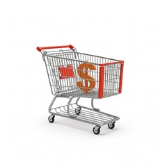 A shopping cart with an orange dollar sign inside, isolated