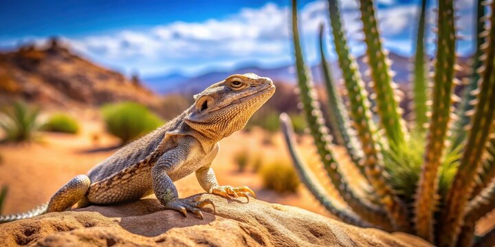 A lizard is sitting comfortably on a large rock in the desert landscape with a sandy background and cacti nearby, reptile, lizard on rock