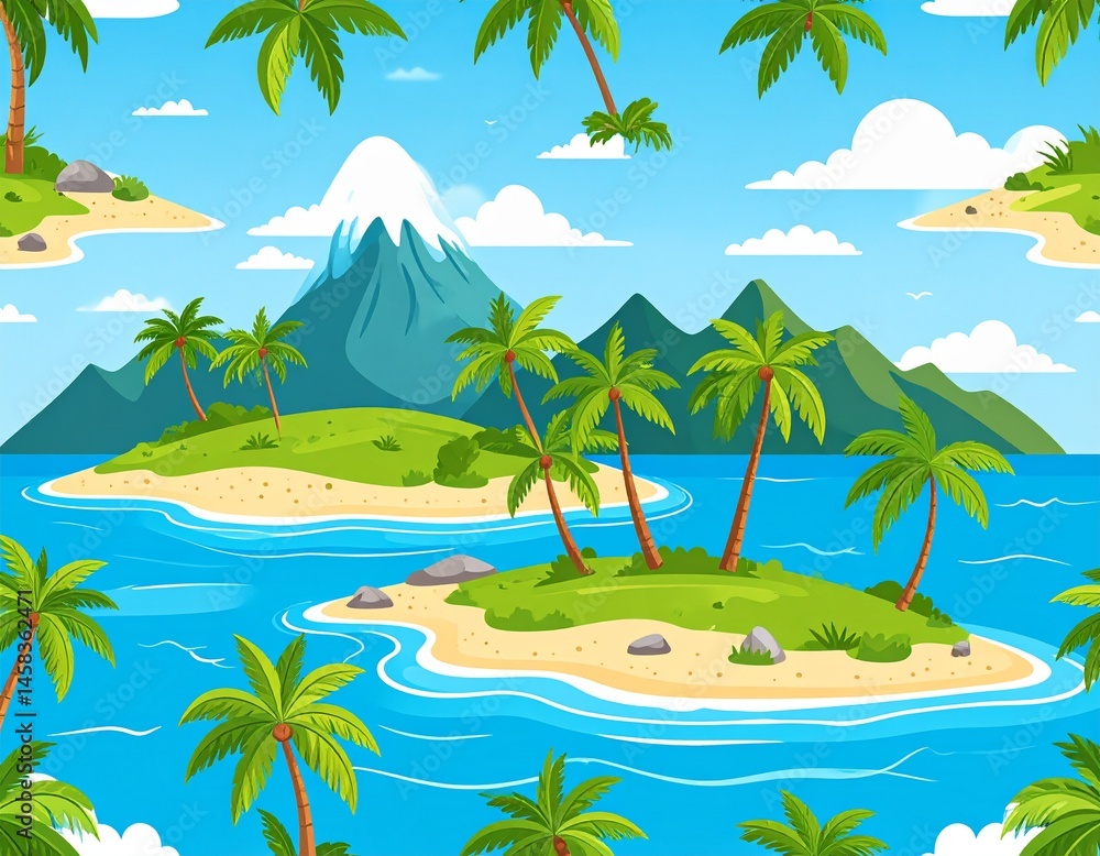Poster beautiful tropical seamless pattern with hand drawn paradise islands with mountains and palm trees o