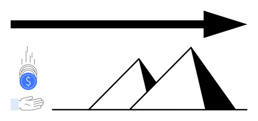 Blue coin drops into hand beside pyramid, symbolizing wise investments leading to strong progress. Ideal for business, strategy, goal setting, finance, economic growth, planning, simple landing page