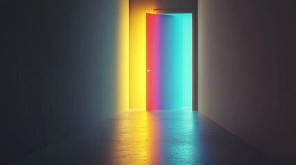 A brightly lit door opening into a colorful and mysterious space.