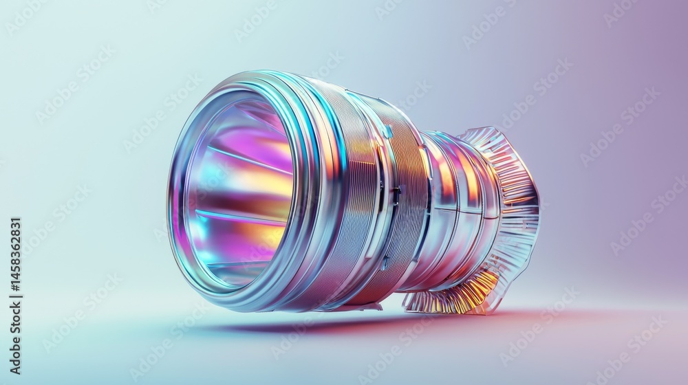 Poster a colorful 3d rendering of a futuristic metallic object with vibrant lighting effects.