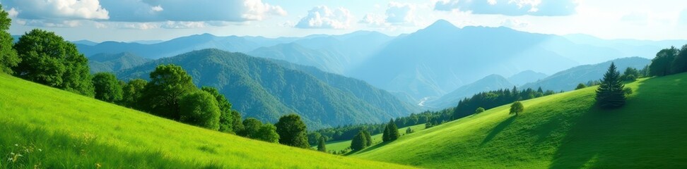 Fototapeta premium Rolling hills, towering peaks, emerald foliage Tranquil scene, summer day , adventure, vista