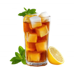 Cold Iced Tea with Lemon Slice on Transparent Background