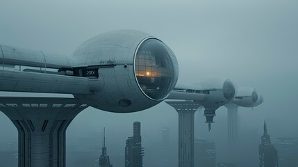 Futuristic transportation pods hover above a misty city