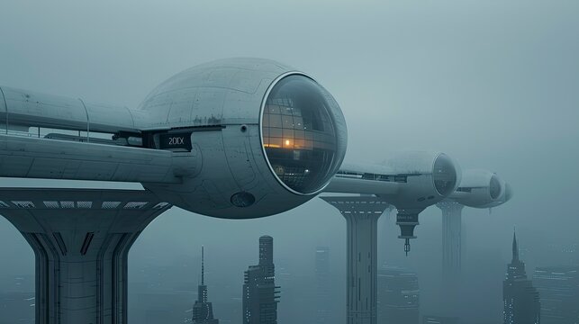 Futuristic transportation pods hover above a misty city - Powered by Adobe
