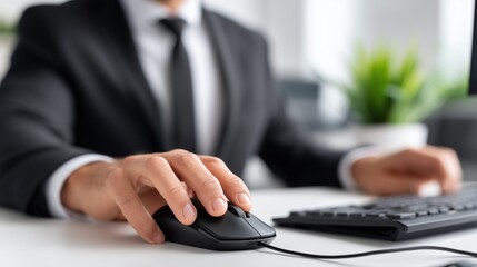 Man using mouse at desk. modern office environment and digital interaction