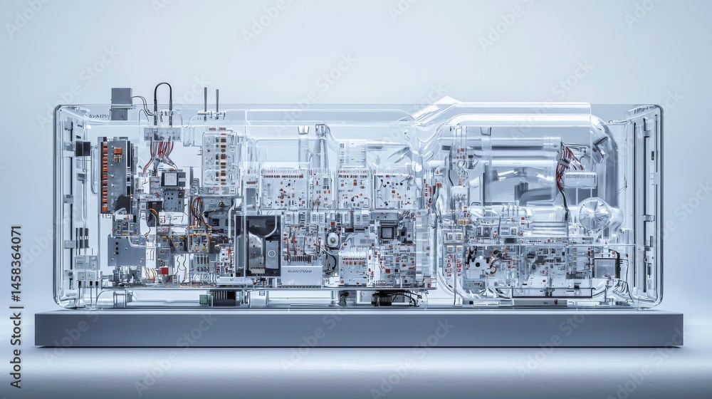 Poster a detailed view of a transparent machine showcasing intricate technology components.