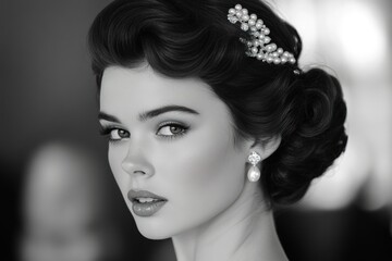 Fototapeta premium Elegant woman with vintage hairstyle and jewelry