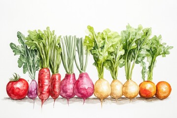 A colorful watercolor illustration of root vegetables and greens arranged in a row on a white background.