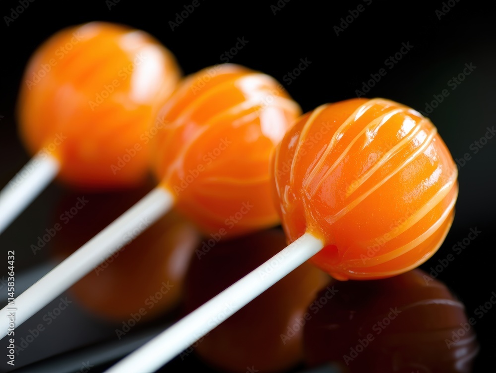 Poster colorful orange lollipops arranged in a stylish manner with glossy texture creating an inviting play