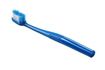 Blue plastic toothbrush with soft bristles isolated on white background

