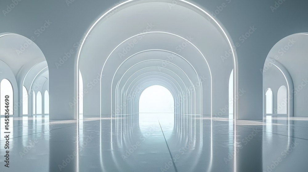 Poster a modern architectural space with white arches and soft lighting creating a serene atmosphere.