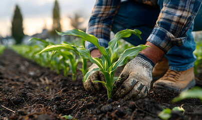 The farmer is cultivating and processing plant seedlings, checking whether the plants are healthy, environmentally friendly, sustainable, natural, commercial, advertising, background, close-up