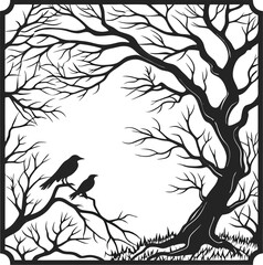 Black and White Illustration of a Bare Tree with Twisting Branches, Two Birds Perched on a Branch, and Grass Beneath