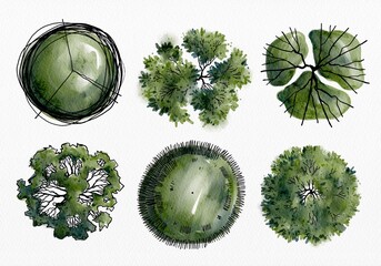 Top View of Watercolor Trees in Different Canopy Shapes Isolated on White Background for Landscape Architecture and Garden Planning © NaPUN