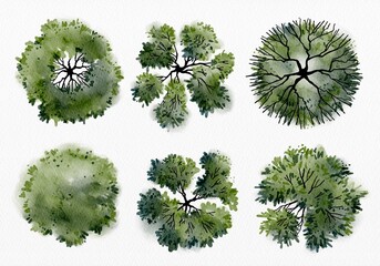 Top View of Watercolor Trees in Different Canopy Shapes Isolated on White Background for Landscape Architecture and Garden Planning