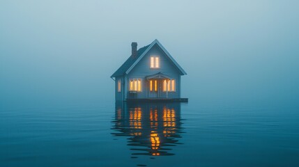 A serene house floating in foggy waters, illuminated by warm, inviting lights.