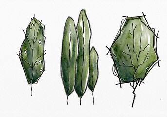 Sketch style trees with elevation view in simple green marker drawing for landscape architectural design