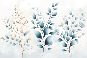 Delicate watercolor branches with blue and beige leaves on a light, textured background.