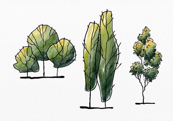 Sketch style trees with elevation view in simple green marker drawing for landscape architectural design