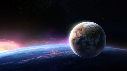 A breathtaking view of planet Earth from space shows stunning detail of continents and swirling atmosphere against a vibrant cosmic backdrop.