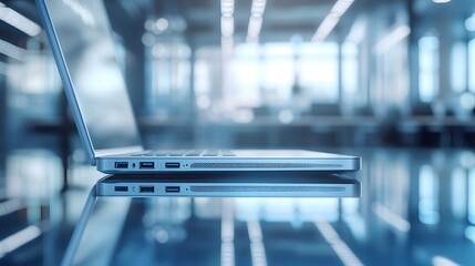Modern laptop resting on a polished surface in a contemporary office space.