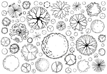 Black and white top view tree symbols in architectural landscape plan drawing set for design and drafting use