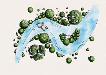 Architectural top view landscape plan with curved river trees and small bridge for garden design