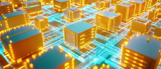 Glowing network cubes abstract digital data flow illustration