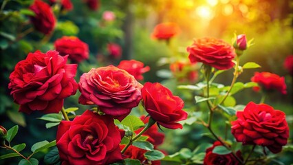 Exotic red roses with golden hues and delicate green leaves in a lush garden setting amidst vibrant foliage, luxury flowers , nature photography